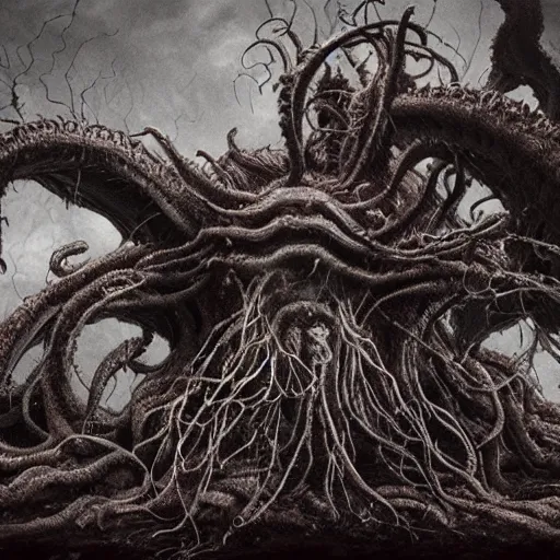 Image similar to shub niggurath. eldritch, film, 8 k, 3 d, concept art, dslr, filmic, hdr, hyperrealism, realistic, horror.