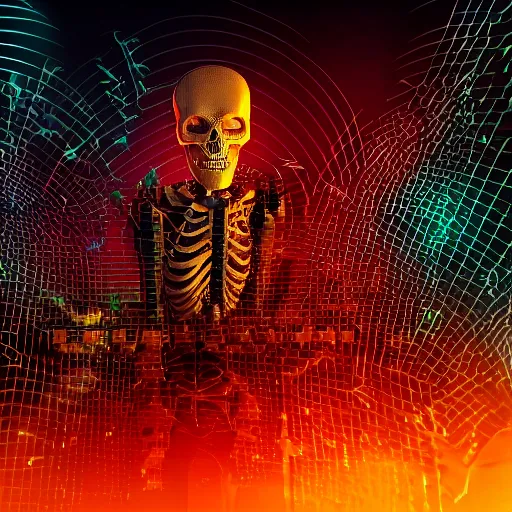 Image similar to cyberpunk skeleton band playing synthesizer, honeycomb structure, smokey lights, lasers, highly detailed, realistic, technology and magic,