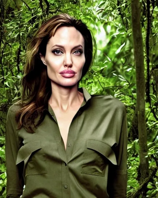 Prompt: angelina jolie wearing a green long sleeved shirt and cargo pants, encounters wild gorillas in the forests of the congo, photographed in the style of national geographic