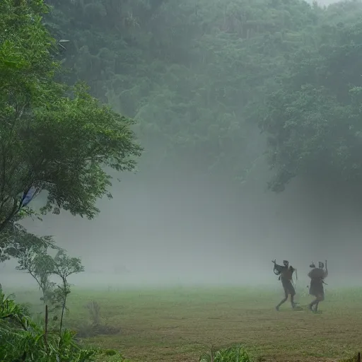 Image similar to battle of large proportions in the jungle foggy mist