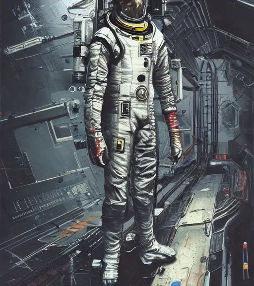 Image similar to realistic cyberpunk engineer with long limbs and a black spacesuit on a spacewalk, techwear, dead space, visible face, Industrial Scifi, detailed illustration, character portrait, by Ashley Wood and Moebius