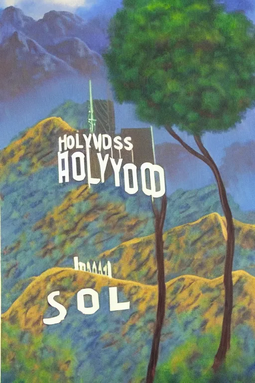 Image similar to bob ross painting of hollywood sign