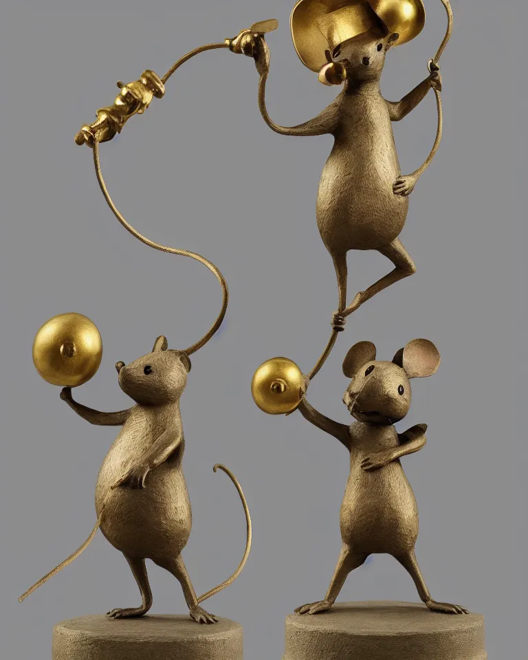 Prompt: a statue of a proud mouse standing on two legs and holding a round bell made with white and gold wire, trending on artstation