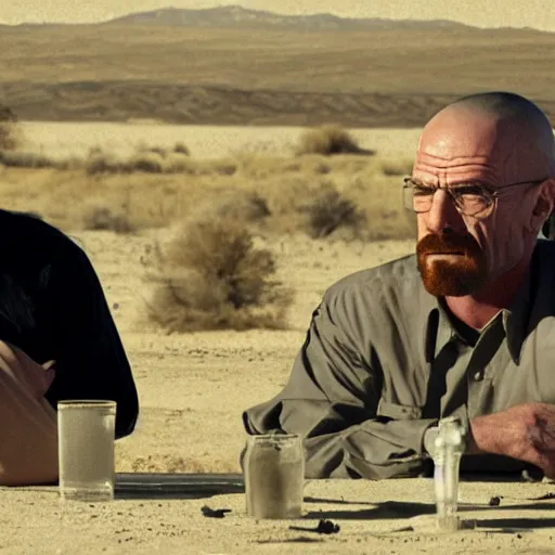 Prompt: mike from breaking bad refusing the advances of walter white, sad feeling, desert background, highly detailed faces