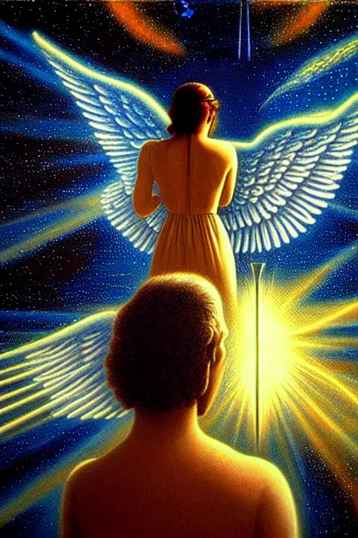 Prompt: a beautiful photorealistic render of an angel gazing into infinity, artificial intelligence seeding humanity, miraculous, spiritual science, divinity, utopian, heaven on earth by david a. hardy, wpa, public works mural, socialist