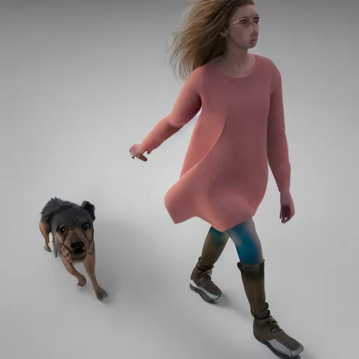 Image similar to Full lenght view contemporary art photography of ultra mega super hyper realistic highly detailed girl walking with a highly realistic dog . Photo on Leica Q2 Camera, Rendered in VRAY and DaVinci Resolve and MAXWELL and LUMION 3D, Volumetric natural light