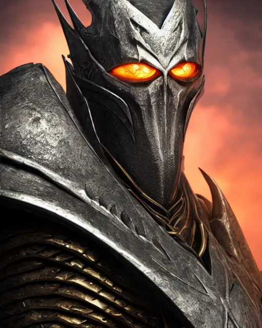 Prompt: a photorealistic 3D render portrait of sauron the dark lord wearing armor made of iron, unreal engine, octane render, cinematic lighting, a sense of evil, hard surface character concept art, dark fantasy character design, hyper realism, high detail, depth of field, stunning vfx, smooth gradients, photorealistic noldorin armor, high contrast, cgsociety