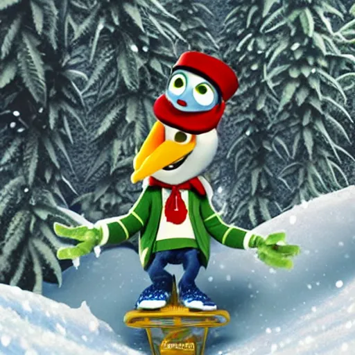 Image similar to cannabis leaf character snow boarding photo taken by pixar