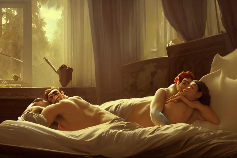 Image similar to russian poet alexander pushkin and shrek lying in bed together, portrait, highly detailed, digital painting, artstation, concept art, smooth, sharp focus, illustration, cinematic lighting, art by artgerm and greg rutkowski and alphonse mucha