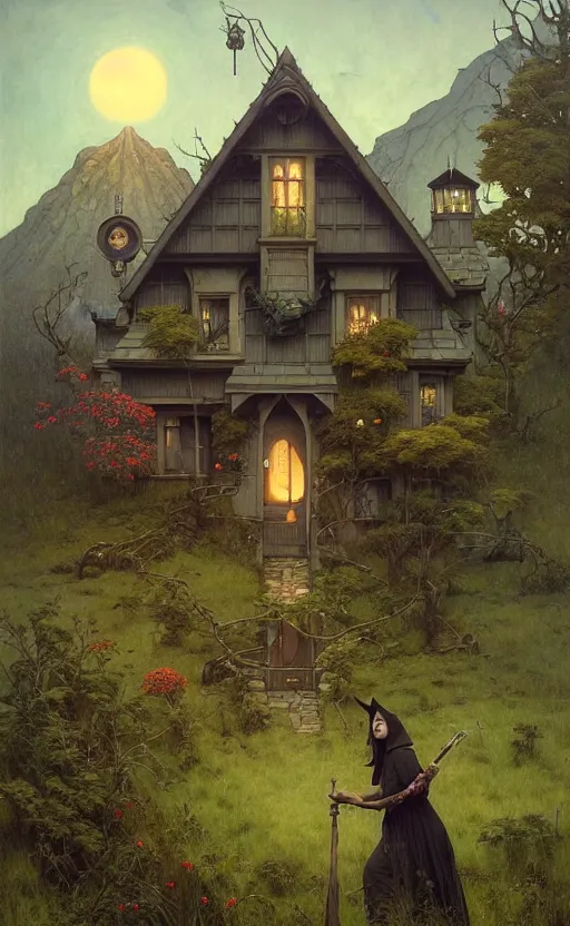 Prompt: a hyper realistic witchy cottage with solar panels on a tall hill, distant explosions in the mountains, atmospheric lighting, lush foliage, painting by chiara bautista and tom bagshaw, mucha, beksinski and norman rockwell and greg rutkowski weta studio, and lucasfilm