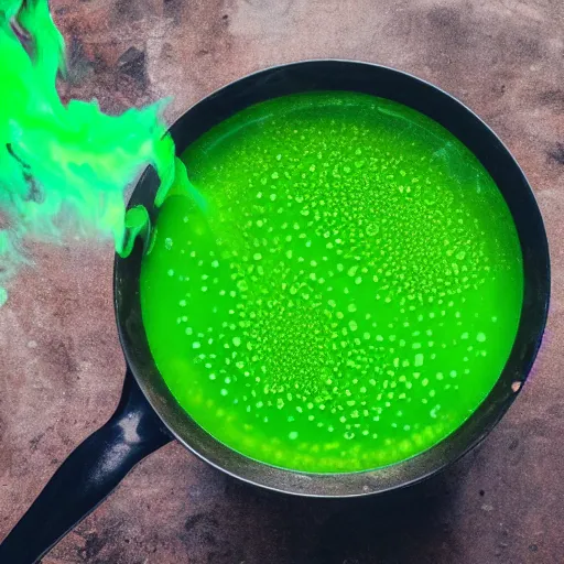 Image similar to brewing violent bubbling green fluid soup, green steam rising from soup