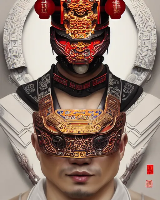 Image similar to portrait of a chinese masculine male cyberpunk machine, machine face, upper half portrait, decorated with chinese opera motifs, muscular, asian, fine china, wuxia, traditional chinese art intricate intense elegant 京 剧 highly detailed symmetry headpiece digital painting artstation concept art smooth sharp focus illustration, art by artgerm and greg rutkowski alphonse mucha 8 k