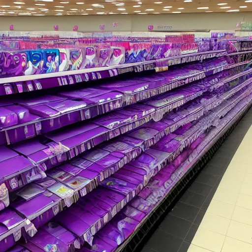 Prompt: photo of a flood of purple slurm, flooded target store aisle