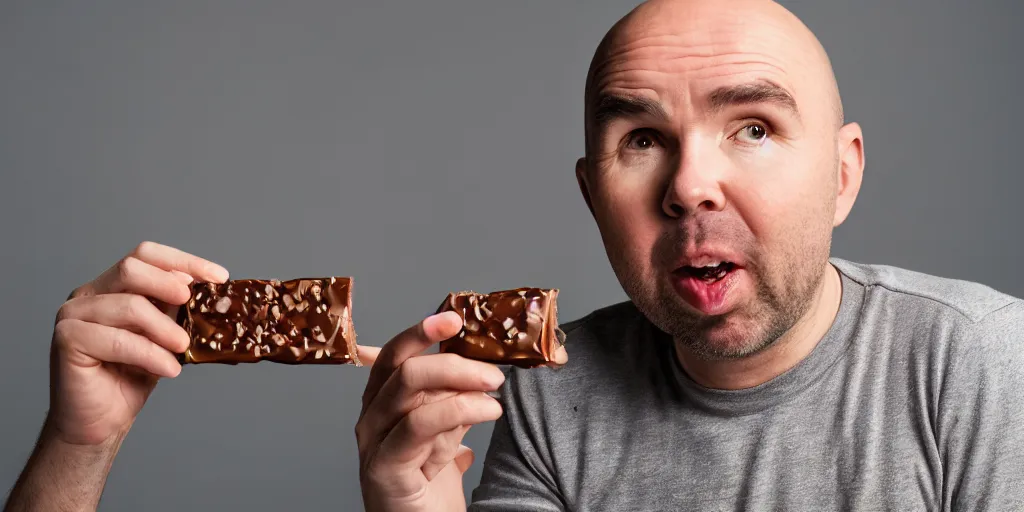 Prompt: 4 k hd, high detail photograph of karl pilkington eating a twix chocolate bar, shot with sigma f 1. 8 sharp lens, wide shot