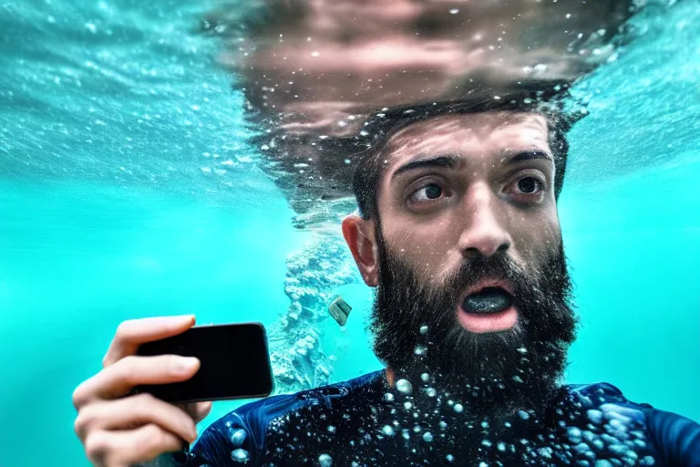 Image similar to high quality 4 k resolution photo of poseidon taking a selfie of himself underwater look king confused