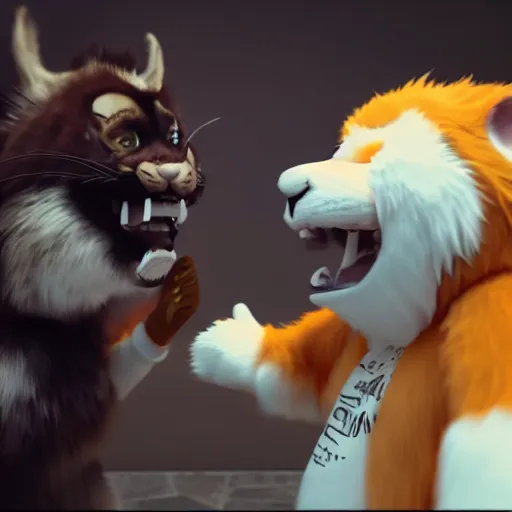 Image similar to nicolas cage beating up furry cosplayers, 8 k, octane render, beautiful composition,