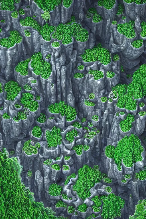 Image similar to ancient fractal temple megastructure in the hanging gardens of a radiant forest jungle, overgrown garden, scanned earth terrain fractal bridges, highly detailed erosion algorithm landscape, by albert bierdstat, by glenn small, high resolution, 8 k photorealism, populated by luminous beings, god rays in volumes of fog, looking up perspective