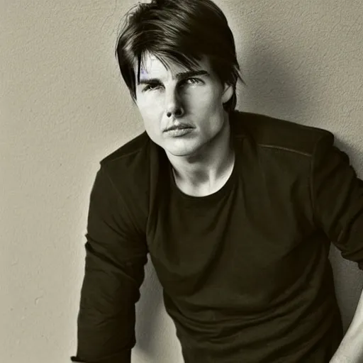 Image similar to a portrait photo of 20 year old tom cruise, with a sad expression, looking forward