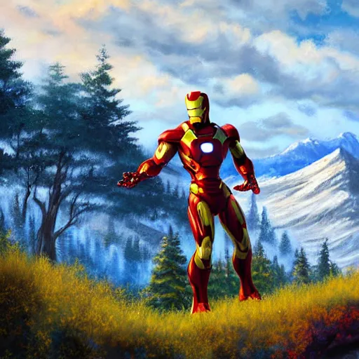 Image similar to a closeup photorealistic photograph of bob ross diligently finishing a canvas painting featuring iron man on the canvas. mountains and trees. film still. brightly lit scene. this 4 k hd image is trending on artstation, featured on behance, well - rendered, extra crisp, features intricate detail, epic composition and the style of unreal engine.