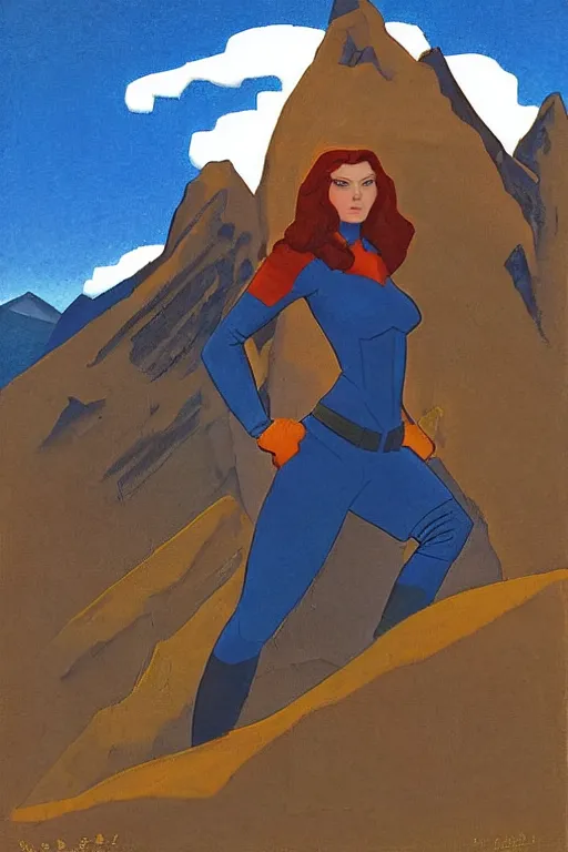 Image similar to black widow ( natasha romanova ) on mountains, marvel, artwork by nicholas roerich,