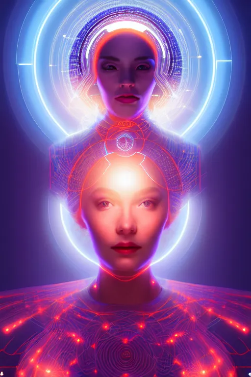 Image similar to portrait of the goddess of artificial intelligence as a holohram of a beautiful girl, in front of a shining orb of data, threads of light in the background, detailed eyes, extremely high quality artwork, very detailed, trending on artstation