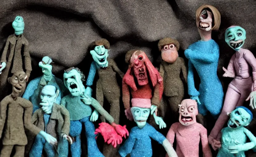 Image similar to a scene from a claymation horror movie