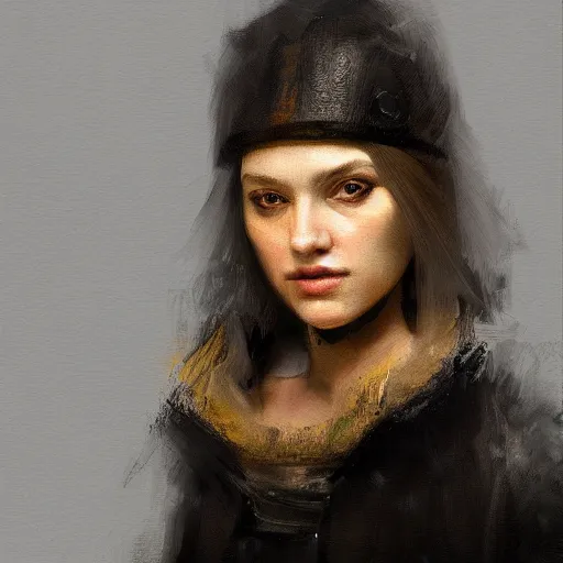 Prompt: rembrandt portrait painting of a beautiful cyberpunk female, realistic, artstation style,