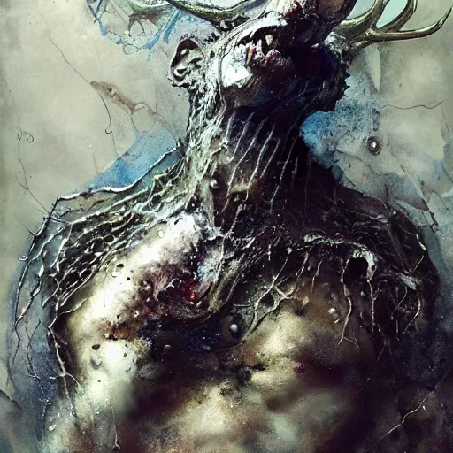 Image similar to mutant fishman from the ocean antler fish by emil melmoth zdzislaw beksinki craig mullins yoji shinkawa realistic render ominous detailed photo atmospheric by jeremy mann francis bacon and agnes cecile ink drips paint smears digital glitches glitchart