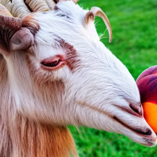 Image similar to a goat with peaches stuck on its horns, 8 k, 4 k, professional photography, award winning photo