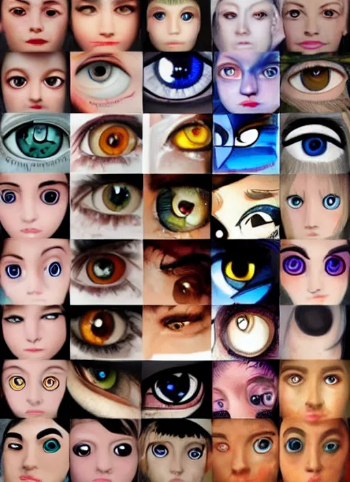 Image similar to diverse eyes!, dot pupils, advanced art, art styles mix, from wikipedia, grid of styles, various eye shapes