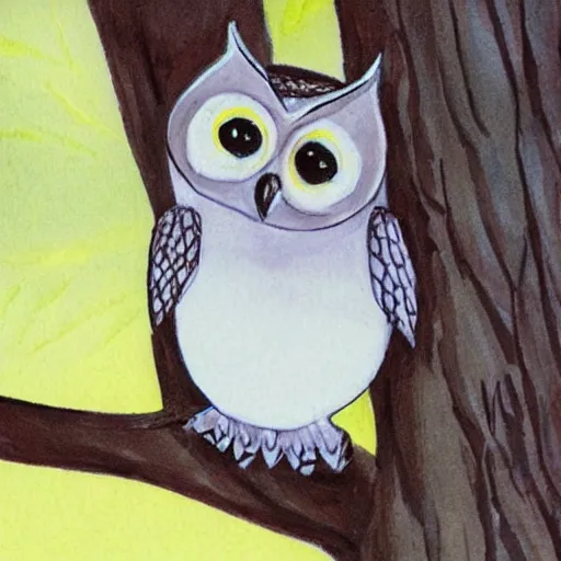 Image similar to owl with transverse flute sitting on a tree, concept art