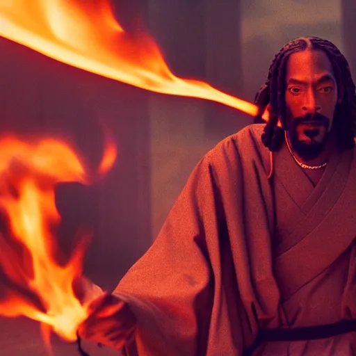 Image similar to cinematic film still of Snoop Dogg starring as a Samurai holding fire, Japanese CGI, VFX, 2022, 40mm lens, shallow depth of field, film photography