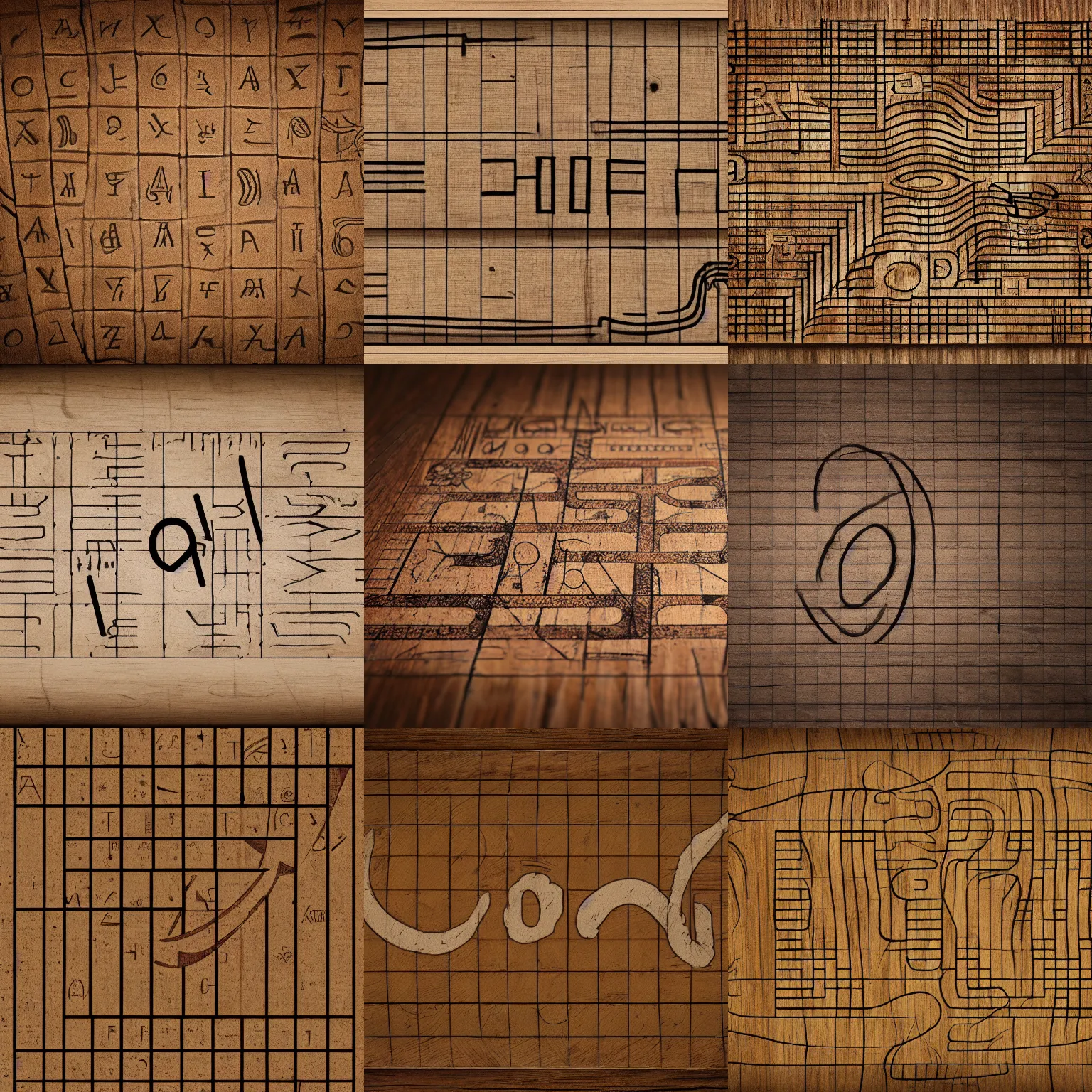 Prompt: a weathered scroll with a glyph - based alien alphabet laid out in a neat grid, written in a neat, flowing script, sitting on a wooden table. highly detailed, high res, 8 k, photorealistic