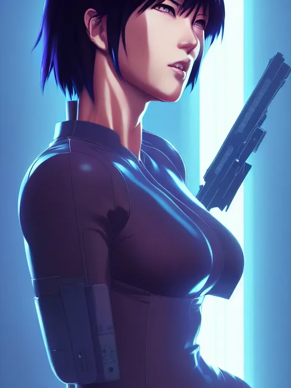 Image similar to a fullbody portrait of motoko kusanagi the major ghost in the shell : : stand alone complex, under repairs, maintenance : : by ilya kuvshinov, rossdraws, artgerm, sola digital arts, anti aliasing, raytracing : :