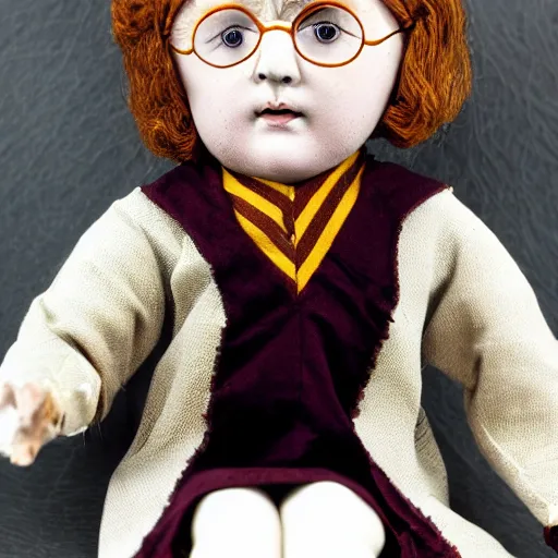 Prompt: Harry potter as a old Old worn antique doll on, white background, award winning photo