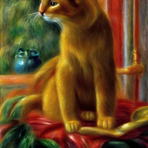 Prompt: a golden cat sitting on a throne in a modern kitchen in the style of renoir,