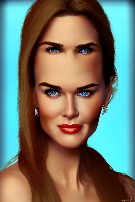 Image similar to mix of beautiful young maria shriver, mariel hemmingway, brooke shields, nicole kidman and elle macpherson as a young bikini model, thin lips, hair tied up in a pony tail, dark blonde hair, colorful, artstation, cgsociety