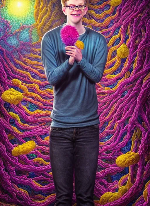 Image similar to hyper detailed 3d render like a Oil painting - friendly portrait of youtuber Hank Green in Aurora (Singer) seen Eating of the Strangling network of yellowcake aerochrome and milky Fruit and Her delicate Hands hold of gossamer polyp blossoms bring iridescent fungal flowers whose spores black the foolish stars by Jacek Yerka, Mariusz Lewandowski, Houdini algorithmic generative render, Abstract brush strokes, Masterpiece, Edward Hopper and James Gilleard, Zdzislaw Beksinski, Wolfgang Lettl, hints of Yayoi Kasuma, octane render, 8k