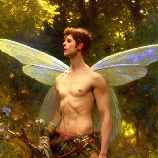 Image similar to attractive male fairy with wings in the forest, posing. highly detailed painting by gaston bussiere, craig mullins, j. c. leyendecker, 8 k