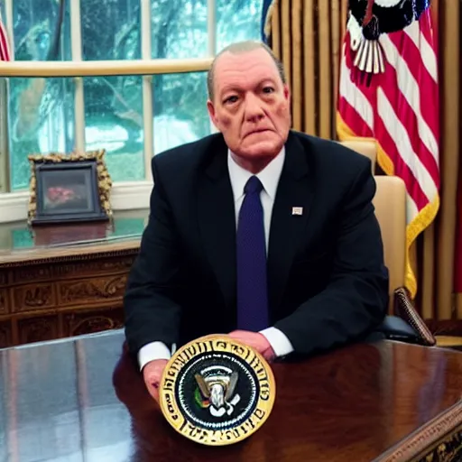 Image similar to president evil BOB from twin peaks in the oval office bright lighting high resolution, menacing atmosphere