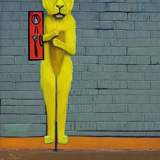 Prompt: “a painting in the style of peter doig, of a yellow lion standing at the corner of a street in front of a yellow industrial building with green doors, very coherent ” W 832