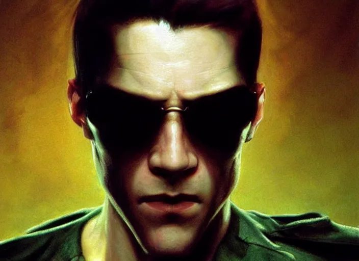 Image similar to ultra realistic portrait painting of irish neo from the matrix, art by frank frazetta and beeple, 4 k, ultra realistic, highly detailed, epic lighting