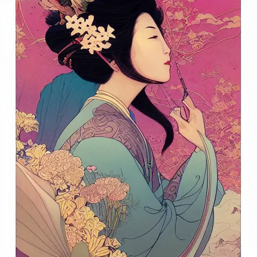 Image similar to asian princess portrait, with a flower kimono, stylized illustration by peter mohrbacher, moebius, mucha, victo ngai, colorful comic style