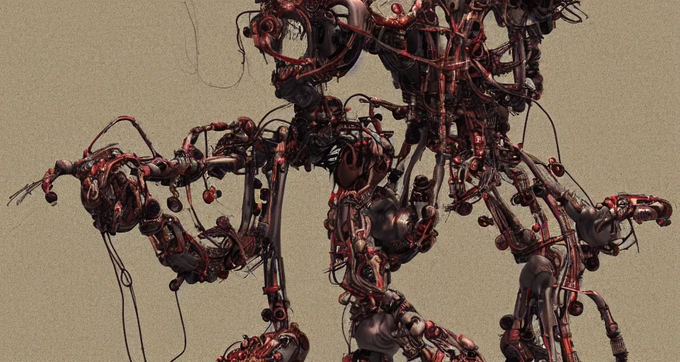 Prompt: Techno-biological rusty robot geisha consisting of tumors, veins, bones, kidneys, wires. Biopunk, body-horror, high detail, photorealism, full length view, very rust, concept art, octane render, 16k, 8k