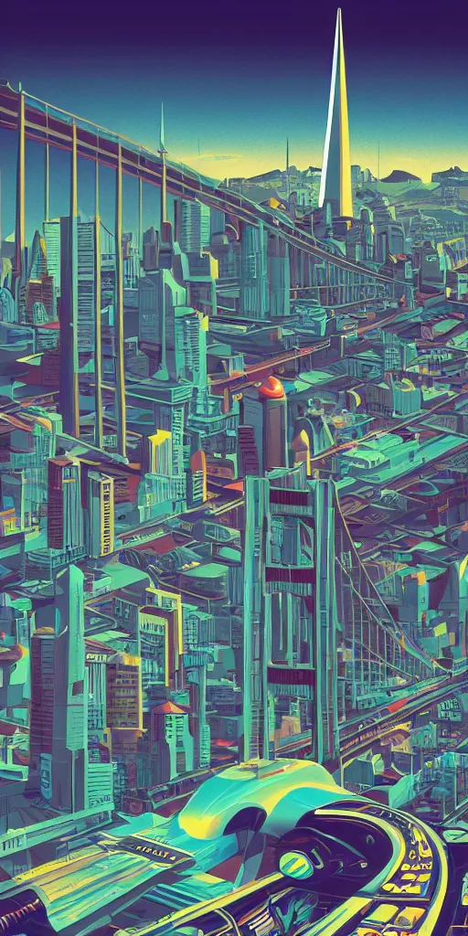 Prompt: retro futuristic art of san francisco in the year 2 1 0 0, trending on artstation