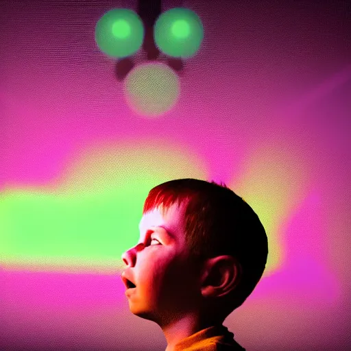 Prompt: a young boy with face lit by c 6 4 monitor green glow at midnight, atmospheric epic award winning illustration with volumetric cinematic lighting