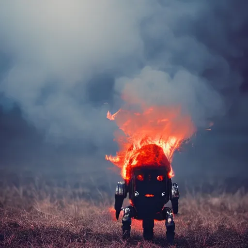 Image similar to futuristic robot bent on knees towards a burning field, photograph, smoke, dark, 8k, detailed
