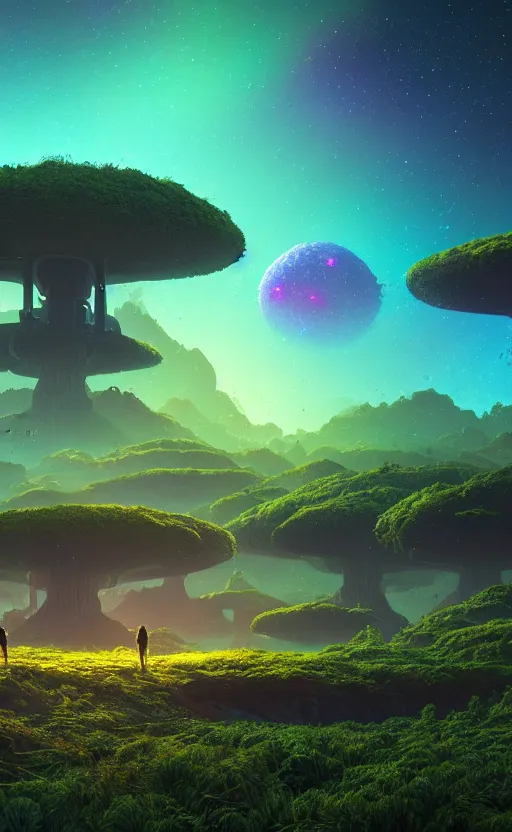 Image similar to An amazing alien landscape with lush vegetation and colourful galaxy foreground, digital art, breathtaking, golden ratio, extremely detailed, hyper-detailed, establishing shot, hyperrealistic, cinematic lighting, particles, unreal engine, simon stålenhag, rendered by Beeple, Makoto Shinkai, syd meade, Kentaro Miura, environment concept, artstation, octane render, 8K UHD image