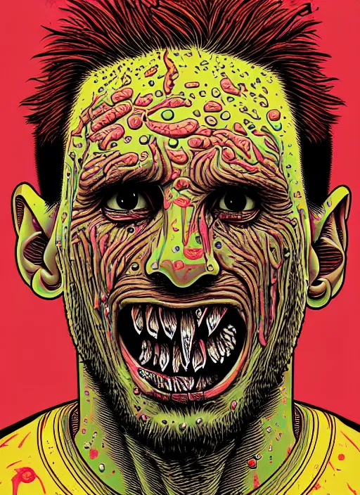 Image similar to messi's disgusting true form bursting from within, gross, slimy, sleazy, pustules, high details, intricate details, by dan mumford