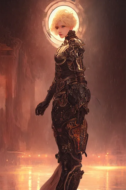 Image similar to portrait evilly knights of Zodiac girl, black fire color reflected armor, in ruined Agora of Athens rainy night, ssci-fi and fantasy, intricate and very very beautiful and elegant, highly detailed, digital painting, artstation, concept art, smooth and sharp focus, illustration, art by tian zi and WLOP and alphonse mucha